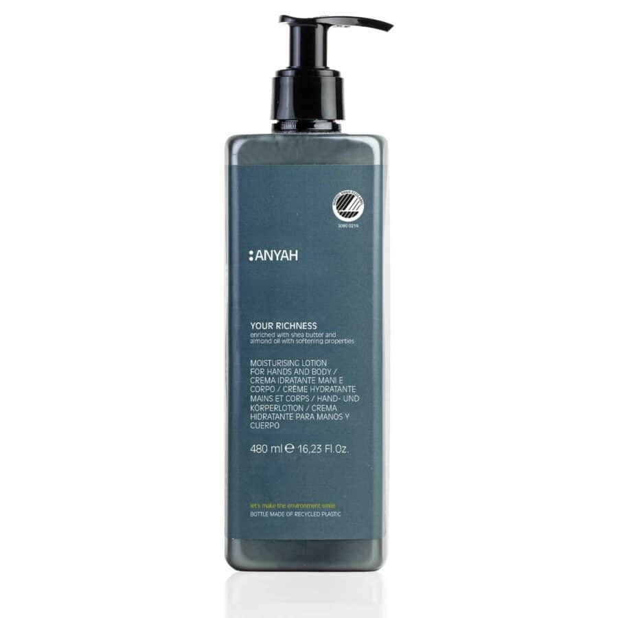 Anyah moisturising hand and body lotion in a 480 ml refillable bottle