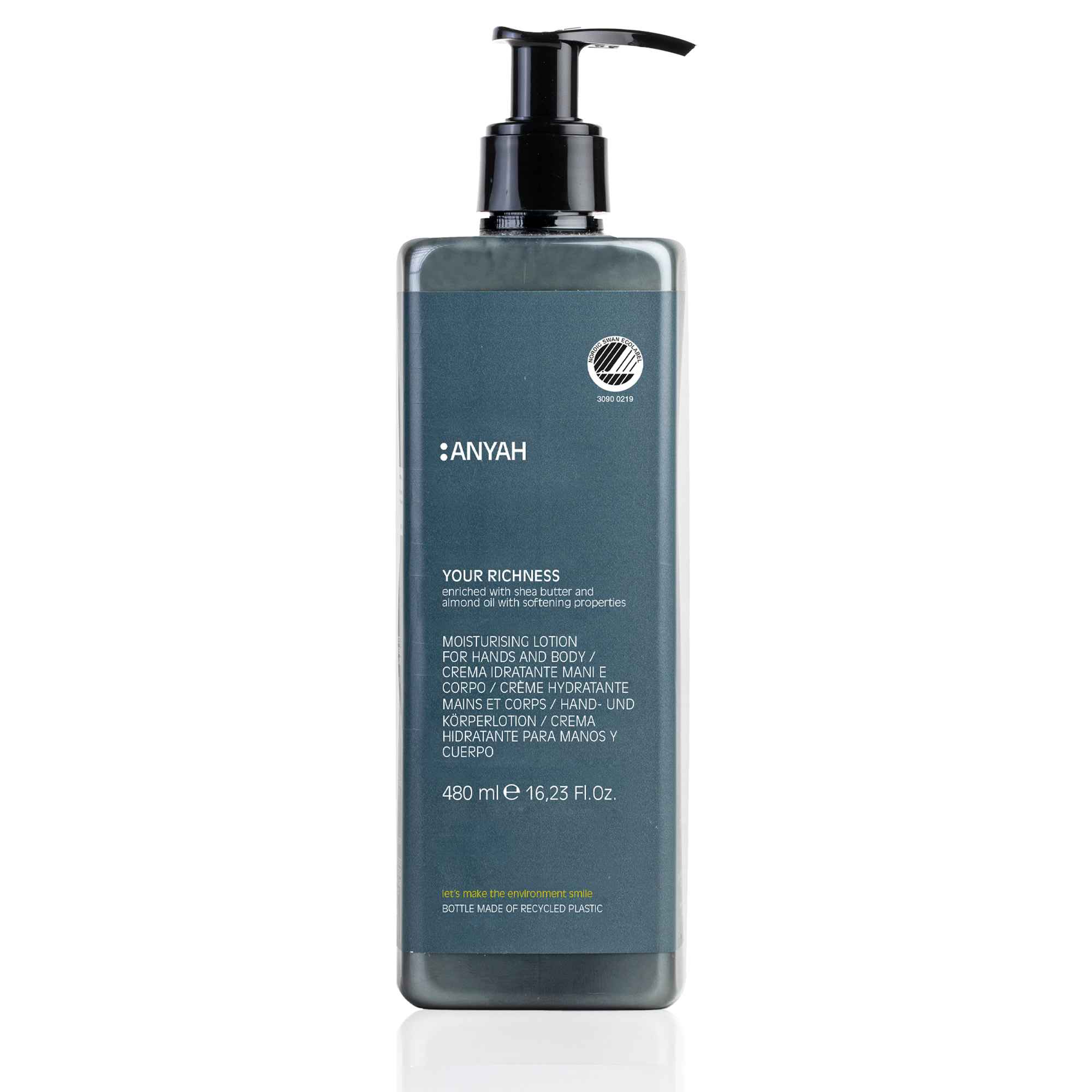 Anyah moisturising hand and body lotion in a 480 ml refillable bottle