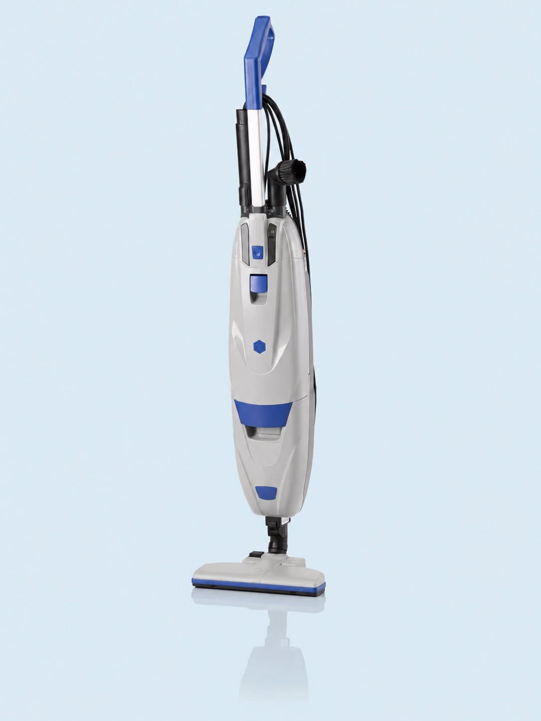 Professional upright vacuum cleaner with universal floor tool and onboard accessories